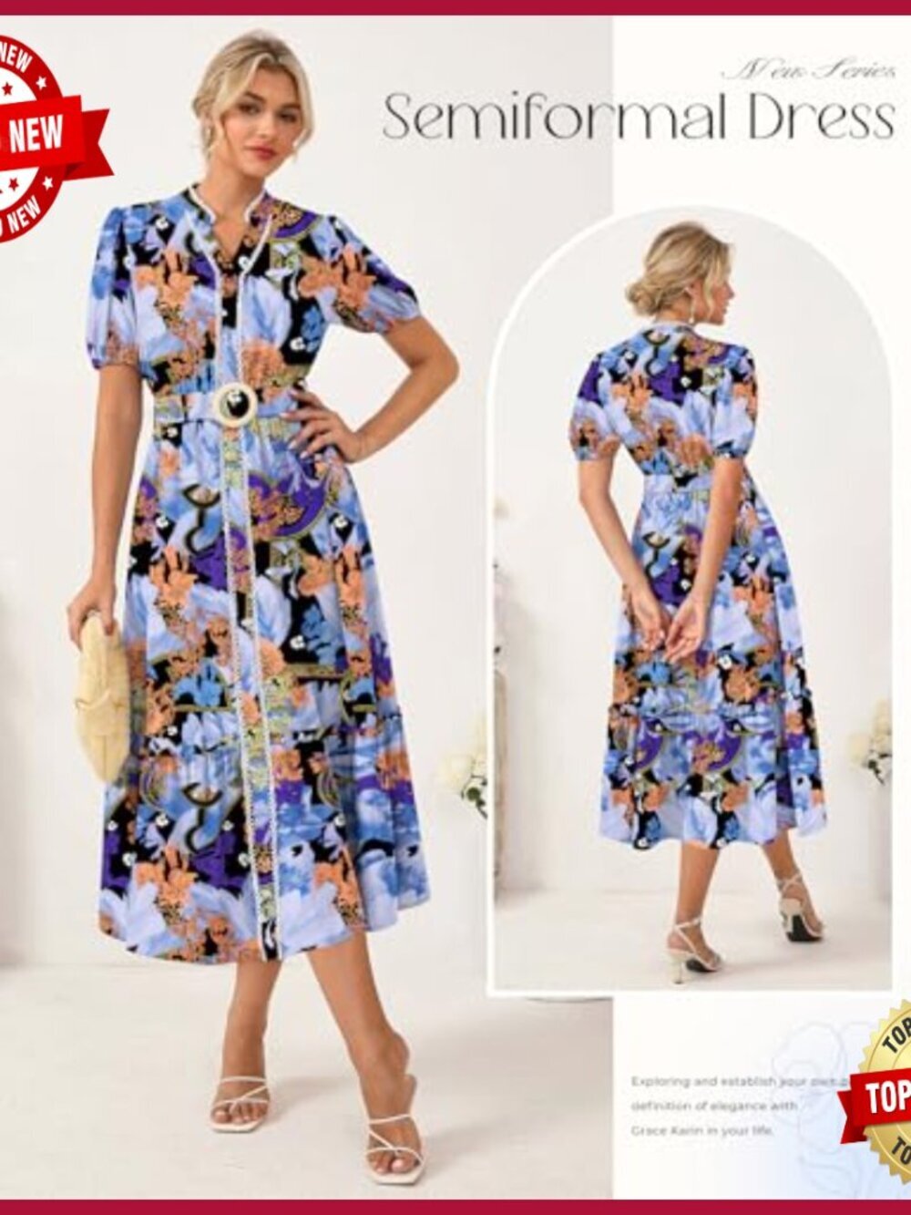 Floral Maxi Dress with Pockets & Belt, Puff Sleeves, Casual Boho Style - Picture 3 of 7